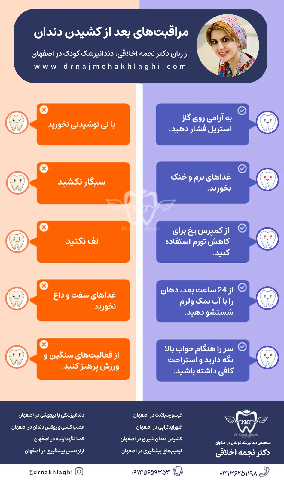اینفوگراقیک راهنمای کامل مراقبت‌های بعد از کشیدن دندان در کودکان